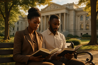 image of a black couple reading a book on a bench in the park with a old style museum in the back grand . image represents sophistication and scholarly knowledge