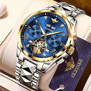 OUPINKE Mens Automatic Watch Blue Skeleton Mechanical Luxury Diamond Self Winding Dress Wrist Watches Sapphire Crystal Tungsten Steel Business Gifts