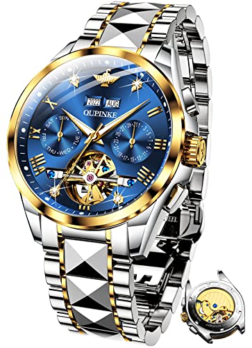 OUPINKE Mens Automatic Watch Blue Skeleton Mechanical Luxury