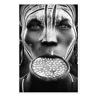 Wall Art Canvas Print Poster Black And White African Lip Plate Woman Canvas Painting African Woman Oil Painting Contemporary Artwork for Home Decoration Office Kitchen Wall Decor (Set of 1 Unframe, 16x24inch)