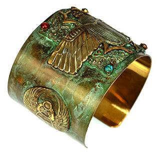 Elaine Coyne Collectible Artwear Patina Brass Egyptian Scarab Motif Wide Cuff Bracelet - Carnelian, Navy Onyx, Turquoise