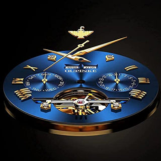 OUPINKE Mens Automatic Watch Blue Skeleton Mechanical Luxury Diamond Self Winding Dress Wrist Watches Sapphire Crystal Tungsten Steel Business Gifts