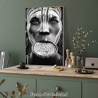 Wall Art Canvas Print Poster Black And White African Lip Plate Woman Canvas Painting African Woman Oil Painting Contemporary Artwork for Home Decoration Office Kitchen Wall Decor (Set of 1 Unframe, 16x24inch)