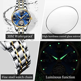 OLEVS Watch Women Self Winding Automatic Mechanical Watches for Women Luxury Diamond Dress Wrist Watch Tourbillon Two Tone Stainless Steel Waterproof Ladies Sliver Gold Steel Watch no Battery